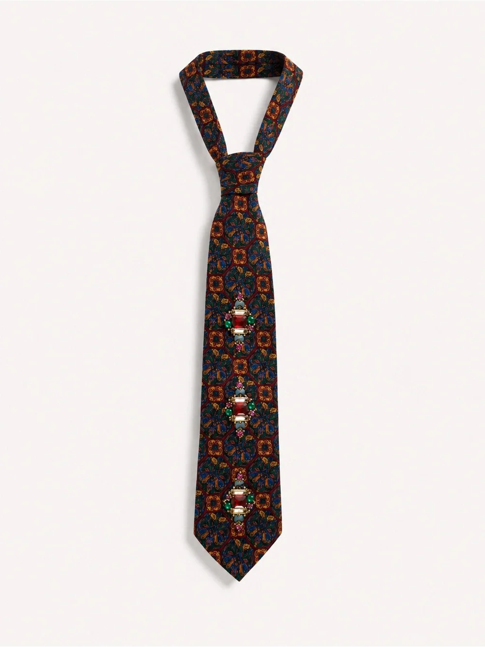 Dior Silk Tie with Multicolor Floral and Swarovski Crystal Embellishment